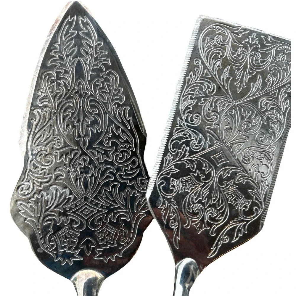 Vintage Silver Plated Cake & Pie Server Slicer Ornate Floral Design Set Gold Tip